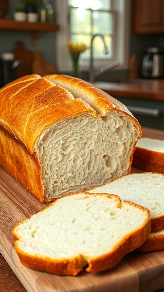 Vegan Greek Yogurt Bread Recipe A loaf of vegan Greek yogurt bread, sliced to show its fluffy texture, on a wooden board in a bright kitchen.